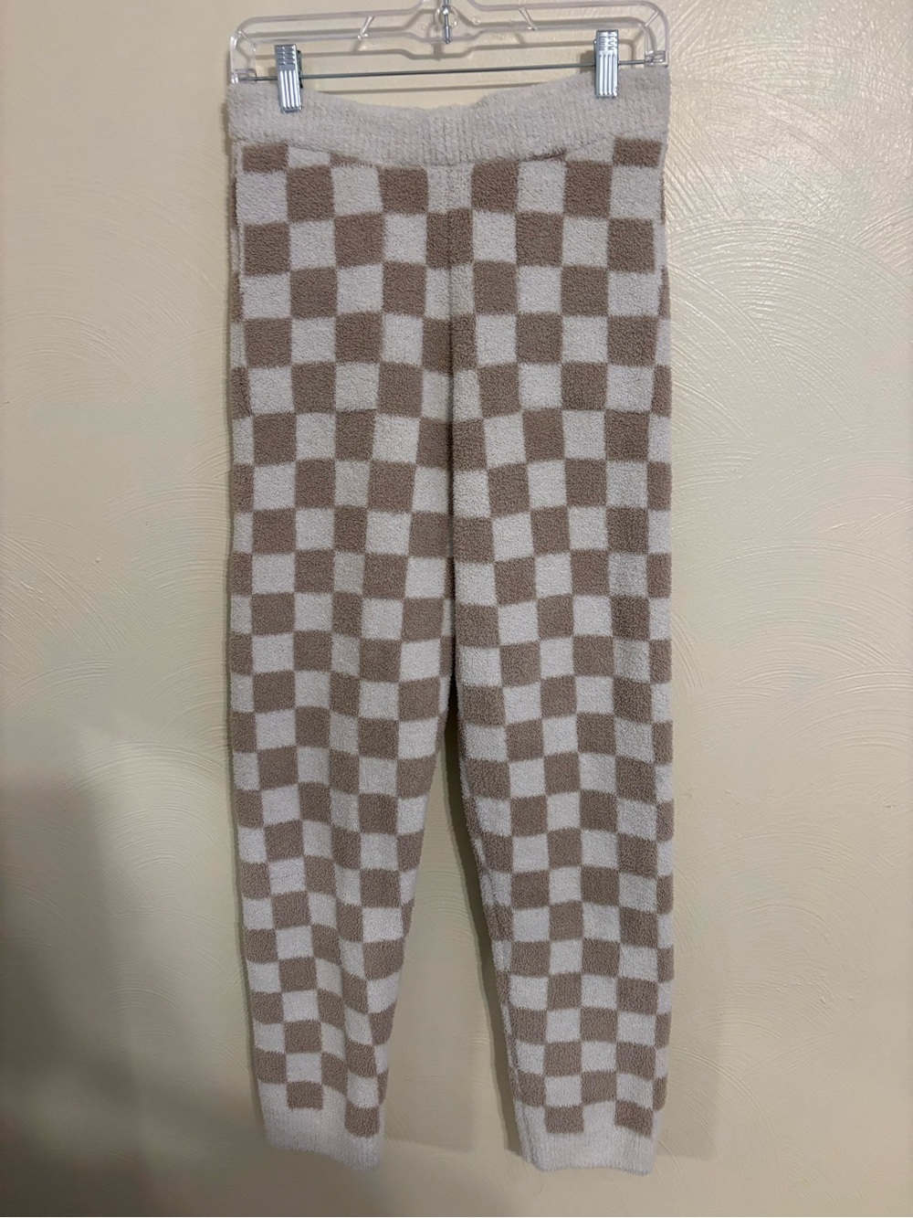 ComfyLuxe Plush Checkerboard Lounge Pants Soft Cozy M/L Beige Cream